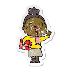 distressed sticker of a cartoon happy old woman