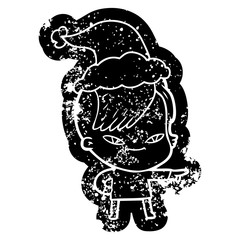cute cartoon distressed icon of a girl with hipster haircut wearing santa hat