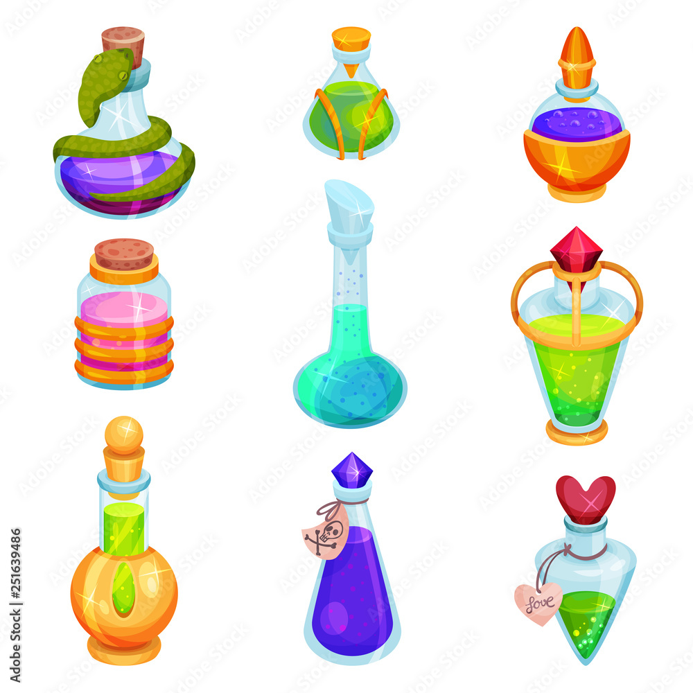 Aufkleber flat vector set of different small bottles with potions. glass vials with colorful liquids. magic el
