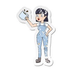 retro distressed sticker of a cartoon female worker with coffee mug