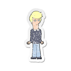retro distressed sticker of a cartoon bored man shrugging shoulders