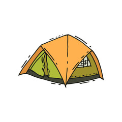 Green-orange tent camping tent in doodle style. Outdoor recreation. Tourist equipment. Hand drawn vector design