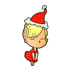 textured cartoon of a squinting girl in dress wearing santa hat