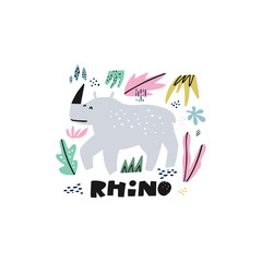 Cute rhinoceros flat hand drawn illustration