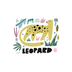 Cute leopard flat hand drawn illustration