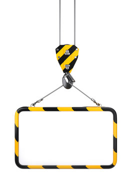 Crane hook hanging on a steel ropes with frame on - template for industrial banner front view.