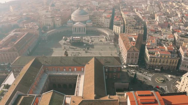 Aerial view of Palazzo Reale di Napoli or Royal Palace, Teatro di San Carlo and Piazza del Plebiscito square in Naples, Italy