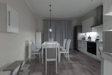 Interior. Kitchen modern, white, gray, beige color