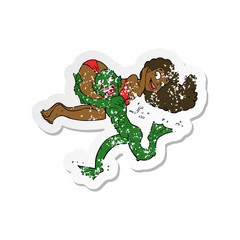 retro distressed sticker of a cartoon swamp monster carrying girl in bikini
