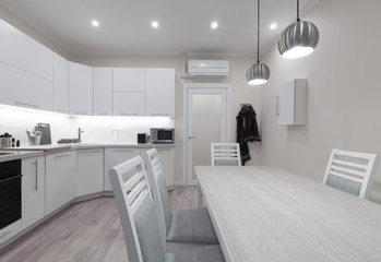 Interior. Kitchen modern, white, gray, beige color