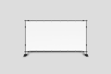 Blank Fabric Banner, Advertising Stand, outdoor Poster, rectangular wall streamer with metal (iron) frame isolated on soft gray background. 3D rendering.