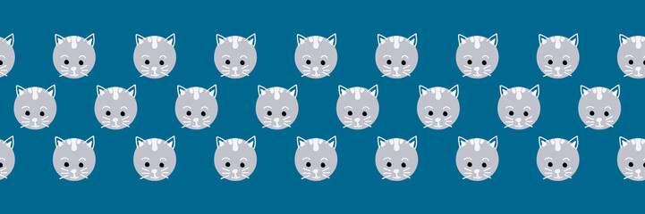Cute cat faces seamless vector border. Cute kitty polka dots on blue background. Geometric fun kids design. Use for fabric, kids decor, gift wrap, packaging, digital paper, cards, nursery