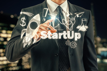 Business scheme concept, startup double exposure background.