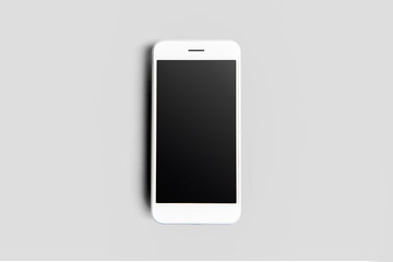 White smartphone on soft gray background. Mock-up phone with blank screen. 3D rendering.