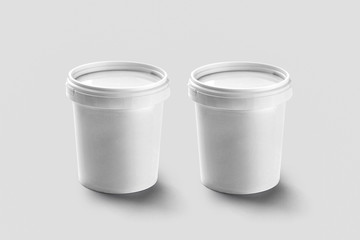 White Plastic Bucket with White lid isolated on soft gray background. Product Packaging For food, foodstuff or paints. Mock-Up Template For Your Design. 3D rendering