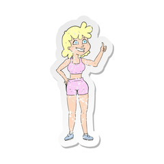retro distressed sticker of a happy gym woman giving thumbs up symbol