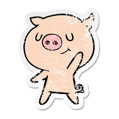 Fototapeta premium distressed sticker of a happy cartoon pig waving