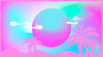 Fototapeta na wymiar Pink Tropical palm tree in retro style. Futuristic.Relax beach background. Liquid wave. Synthwave style 80s - 90s. Vaporwave. Retrowave. Vector Holographic effect