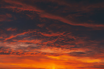 Fiery red blood vampire dawn. Amazing warm dramatic fire cloudy sky. Vivid orange sunlight. Atmospheric background of sunrise in overcast weather. Hard cloudiness. Storm clouds warning. Copy space.