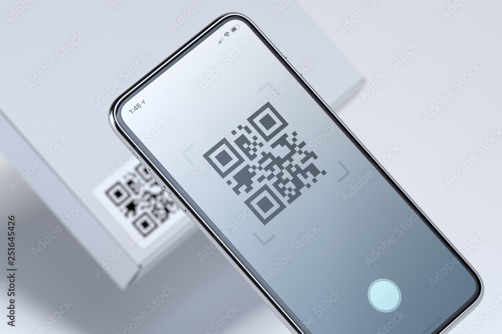 Poster modern stylish mobile phone scanning qr code on white box. 3d rendering.