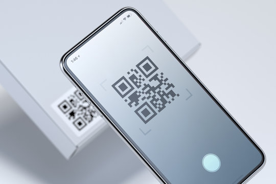 Modern stylish mobile phone scanning QR code on white box. 3d rendering.