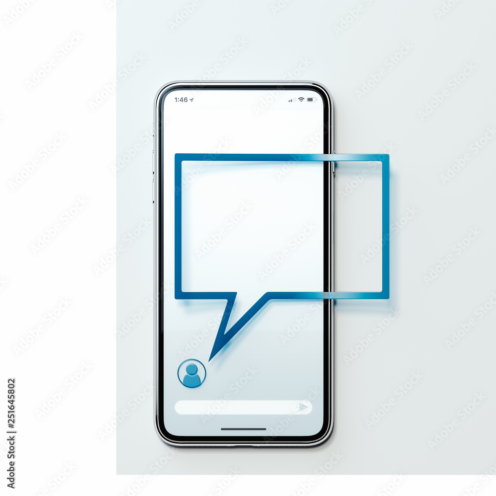 Poster message notification. speech bubble on mobile phone. social media. 3d rendering.