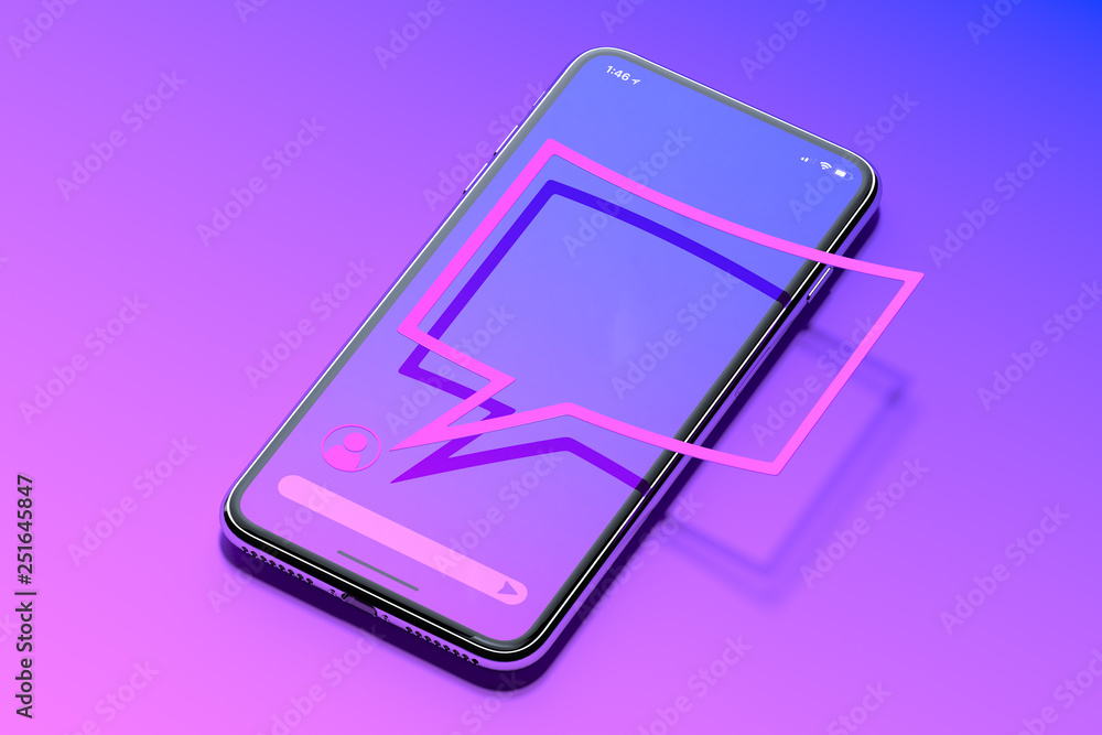 Poster message notification. speech bubble on mobile phone. social media. 3d rendering.