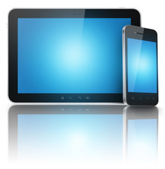 Tablet and phone with blue screens isolated
