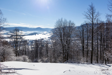 Majestic winter landscape glowing by sunlight in the morning. Dramatic wintry scene.