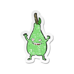 retro distressed sticker of a cartoon happy pear