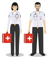 Medical teamwork concept. Detailed illustration couple of paramedic man and woman, emergency doctor, nurse in flat style on white background. Practitioner doctors standing together. Vector