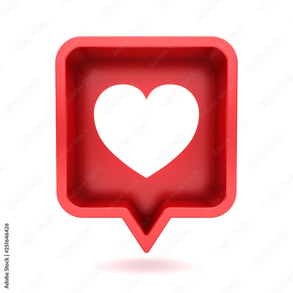 Poster 3d social media notification light of love like heart in red rounded square pin icon isolated on white background with shadow 3D rendering