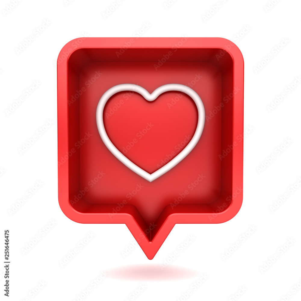 Poster 3d social media notification love like heart icon in red rounded square pin isolated on white background with shadow 3D rendering