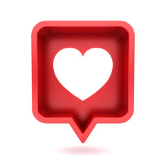 3d social media notification light of love like heart in red rounded square pin icon isolated on white background with shadow 3D rendering