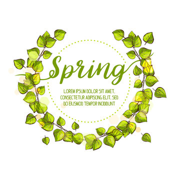 Spring wreath with green fresh birch leafs. Hand drawn lime ink style illustration. Spring doodle.