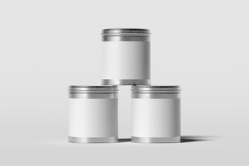 Three cans with blank white labels isolated on white background, 3d rendering.