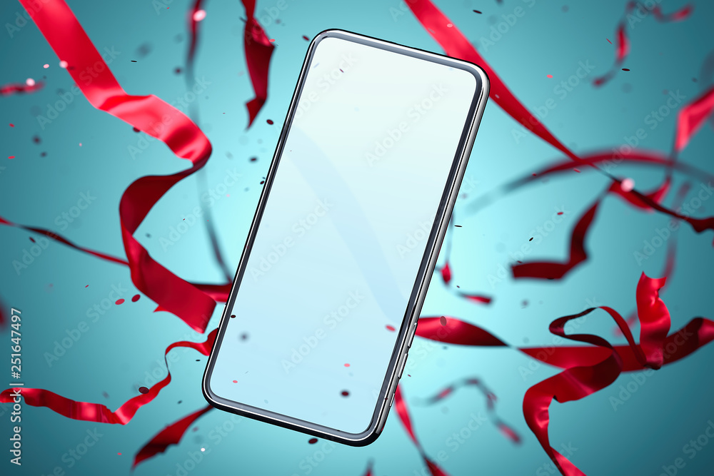 Poster mobile phone with blank screen on background with red serpentine. 3d rendering.