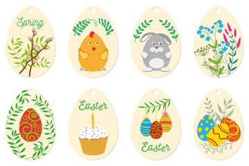 Elements of Easter design. Tags with Easter eggs, twigs, flowers. Easter bunny and chick.