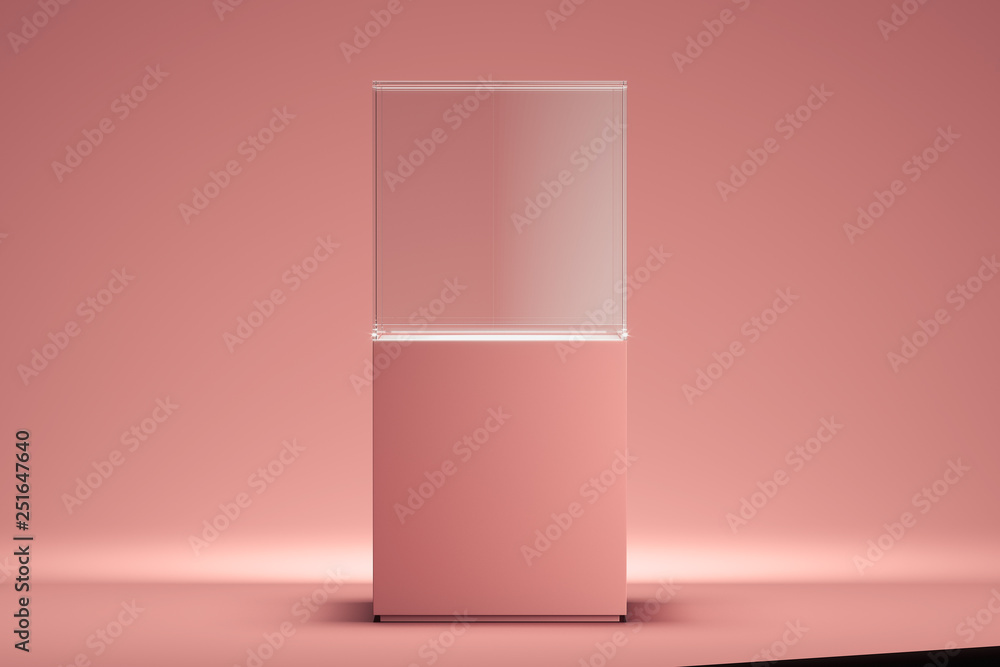 Poster modern showcase with empty space on pedestal on pink background. 3d rendering.