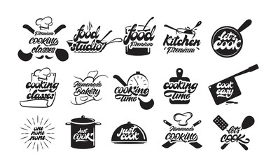 Cooking logos or emblem set. Bon appetit. Cooking idea. Cook, chef, kitchen utensils icon or logo. Handwritten lettering vector illustration - Vector