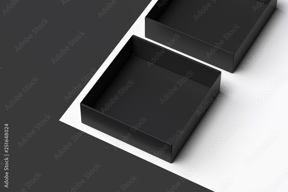 Poster isolated black realistic cardboard box on monochrome background. 3d rendering.
