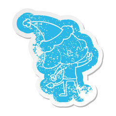 cute cartoon distressed sticker of a elephant wearing santa hat