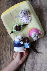 Fingers toys. Funny animals puppets in the fingers. Children's activities concept. Happy theatrical...
