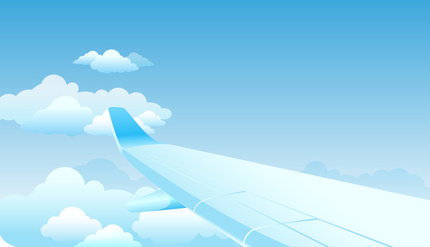 Flying in the sky bright gradient vector illustration of cloudscape and aircraft wing flying above fluffy clouds