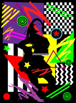 Pop art background with dancing girl, modern abstract vector