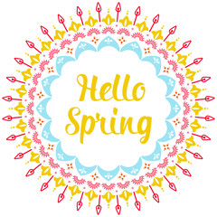 Hello spring radial frame banner. Cute festive illustration. Abstract sunflower.