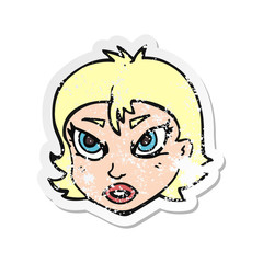 retro distressed sticker of a cartoon angry female face