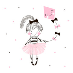Cute little girl in pink ballerina skirt flies a kite drawn on dotty background. Simple minimalistic vector doodle illustration for girls. Perfect for textile apparel t-shirt print, wall art, poster