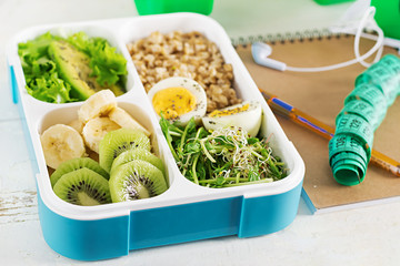 Lunch box  with boiled eggs, oatmeal, avocado, micro greens and fruits.  Healthy fitness food. Take away. Lunchbox.