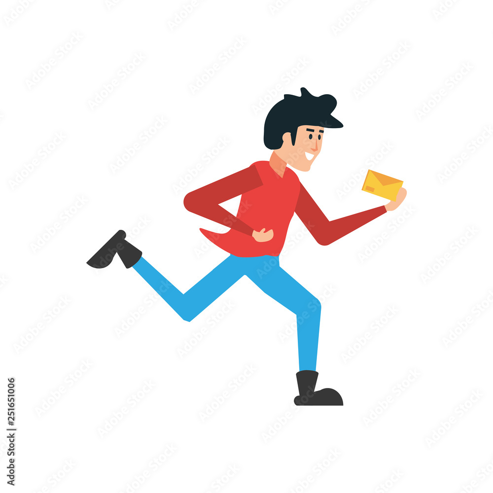 Poster delivery worker running with envelope